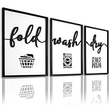 3D Wood Laundry Room Wall Decor, 36' x 16' Framed Laundry Room Wall Art, 3D Laundry Signs for Room Decor (Ready to Hang, Set of 3, Framed)