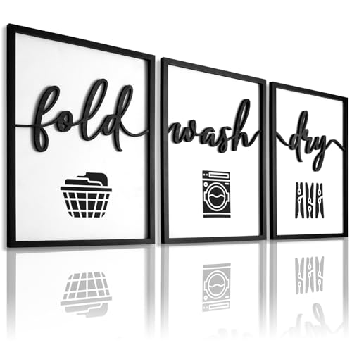 3D Wood Laundry Room Wall Decor 36 x 16 Framed Laundry Room Wall Art 3D Laundry Signs for Room Decor (Ready to Hang Set of 3 Framed)