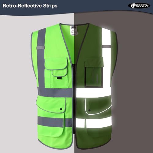 Image of JKSafety 9 Pockets Class 2 High Visibility Zipper Front Safety Vest With Reflective Strips, Meets ANSI /ISEA Standards (150-Green, XX-Large)