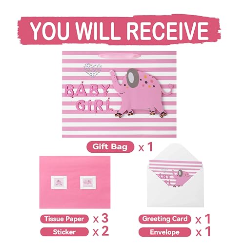 Image of 16.5 inch Extra Large Baby Girl Gift Bag Set with Handles, Greeting Card, Pink Tissue Papers and Stickers for Baby Shower, Newborn, New Moms or Parents, Kids Birthday Party, 3D Elephant Design, 1 Pcs