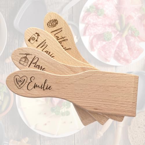 Spatule à raclette en bois personnalisable - Lot de 4 pièces - Bois Français - Motifs et prénom au choix