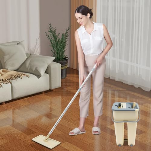 Bodenwischer Set mit 2-Kammer-Eimer & 10 Mikrofaser-Tüchern | Edelstahl-Wischmopp 360° drehbar (128cm) | Rostfreies ABS + Haarentferner-Zähne | Inkl. Wandhalterung – für Hart-/Teppichböden – Bild 3