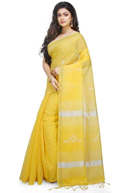Image of BENGAL HANDLOOM Women's Cotton Linen Slab Sarees with Jaquard Work with Blouse Piece