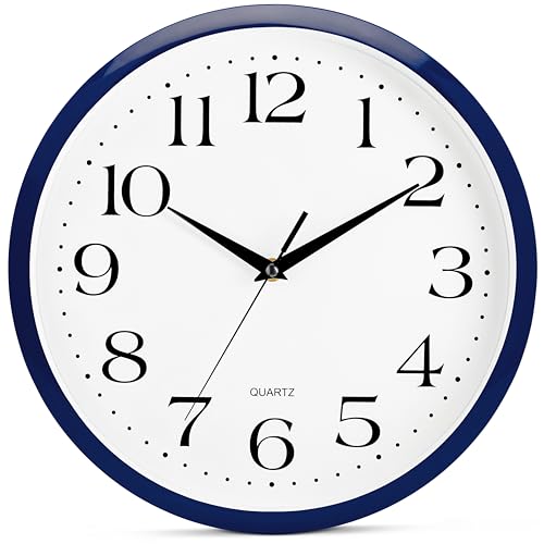 Image of Bernhard Products Navy Wall Clock Silent Non Ticking - 12 Inch Quality Quartz Battery Operated Round Easy to Read Home /Kitchen /Office /Classroom /School Clock