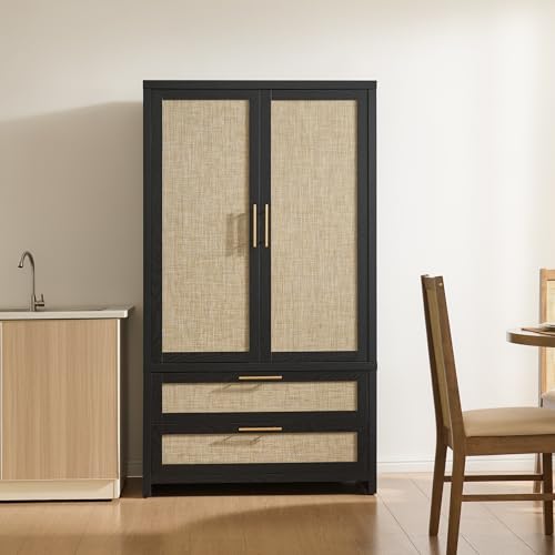 Image of SICOTAS Larger Armoire Wardrobe Closet, 71 inch Tall Rattan Wardrobe Closet Cabinet with Storage and 2 Drawers, Boho Armoire Clothes Organizer with Hanging Rod for Bedroom, Black Oak (2 PCS)