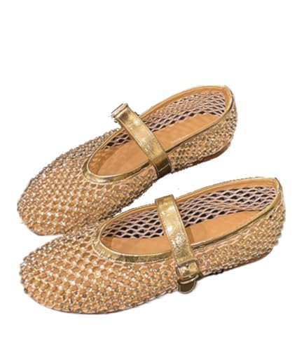 Mesh Mary Jane Flats for Women Rhinestone Jelly Mesh Ballet Flats Breathable Hollow Sandals Slip on House Slippers Dressy Ballerina Shoes Low Top Buckled Straps Lightweight Summer Slides Business Trip