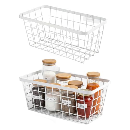 LeleCAT White Hanging Kitchen Baskets For Storage Adhesive Sturdy Small Wire Storage Baskets with Kitchen Food Pantry Bathroom Shelf Storage No Drilling Wall Mounted,2 PACK,White