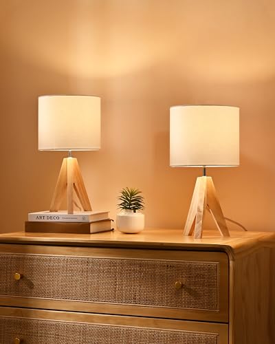 Image of DEWENWILS Boho Bedside Table Lamps, Small Wooden Tripod Nightstand Lamp Set of 2 with White Linen Fabric Shade, Modern Side Lamps for Living Room, Bedroom, UL Listed, 14.2 Inch