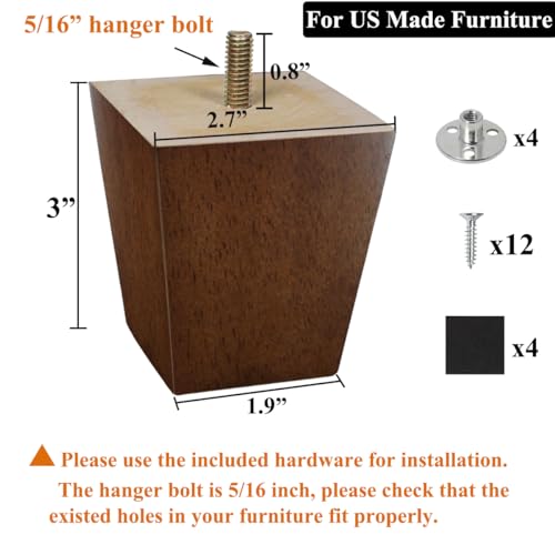 Aoryvic HULI01 Wood Furniture Legs 3 Inch Sofa Legs Pack Of 4 Square Couch Legs Brown Mid-Century Modern Replacement Legs thumb #3
