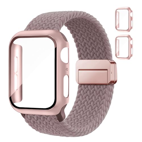 Braided Bands and Case for Apple Watch Bands for Women 40mm 44mm 46mm 42mm 45mm 41mm 38mm Men,Magnetic Nylon Sport Stretchy Solo Loop Elastic Strap with Cover for iWatch Series 11 10 9 8 7 6 5 4 3 SE by DMVEIMAL - Used condition - US$10.67