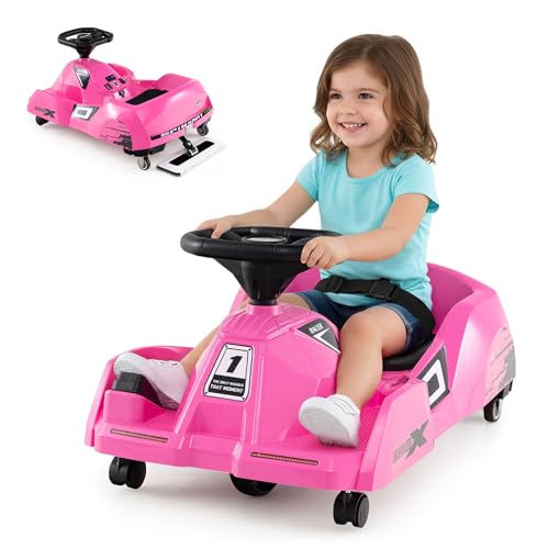 GOPLUS Go Kart Coche Eléctrico 12V Infantil, Kart Eléctrico con Pedal, Fregona Desmontable, Control Remoto, Conexión Inalámbrica, Música, 3 Velocidades, Coche de Juguete para Niños de 2-5 Años (Rosa)