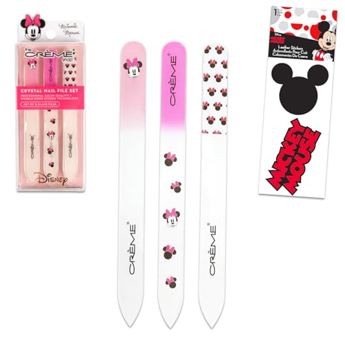 Juego de limas de uñas con cristales de Minnie Mouse, paquete con 3 limas de uñas grabadas de doble cara The Crème Shop más calcomanías para niñas, adolescentes y mujeres, accesorios de uñas de grano