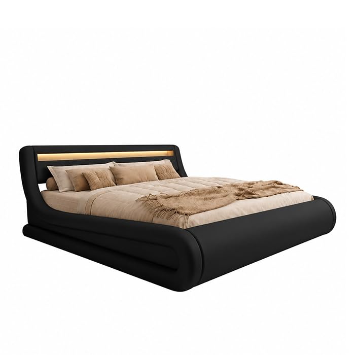 MB Muebles Bonitos | Cama de Matrimonio Rodas para Colchón de 150x190 cm | Luz LED | Canapé Abatible | Somier de Láminas | Estructura de Madera tapizada en Polipiel | Color Negro
