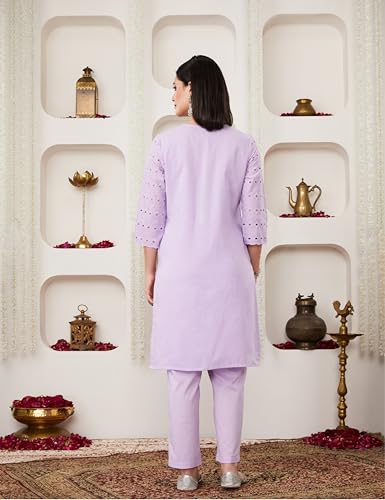 Image of Amazon Brand - Myx Women Schiffli Embroidery Kurta Pant Co-Ord Set | Available as Dress Material (Available in Plus Sizes)