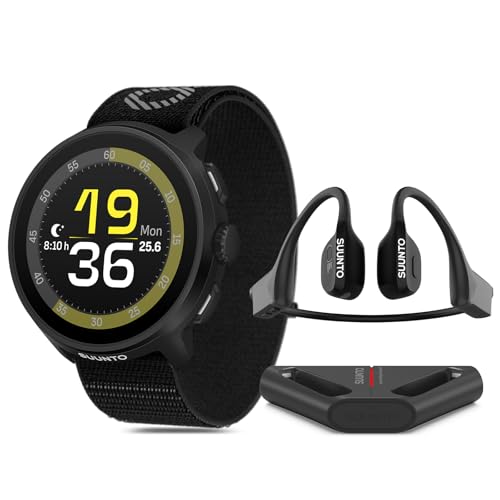 SUUNTO Run Sport Watch, Running GPS Watch All Black (w/Textile Strap) & SUUNTO Wing Open-Ear Bone Conduction Sports Bluetooth Headphones w/Charging Stand Black