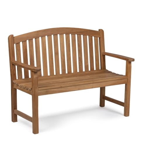 TITAN GREAT OUTDOORS Ash & Ember Solstice 4 FT Grade A Teak Outdoor Bench Weather-Resistant Patio Bench with Bow Back Design Contoured Seat Porch & Garden Seating for 2
