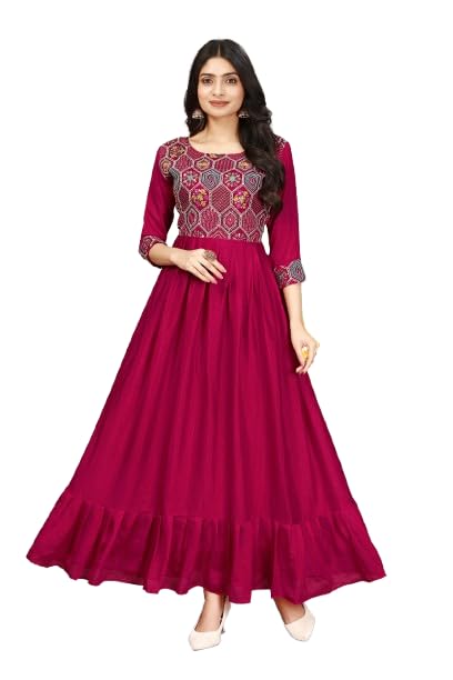 Design a New Multi Thread Embroidery Work Anarkali Pink Color Vichitra Silk Gown with Fully falir for Women-image-46