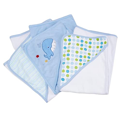 Image of Spasilk Hooded Towel Set for Newborn Boys and Girls, Soft Terry Towel Set, Pack of 3, Blue Whale