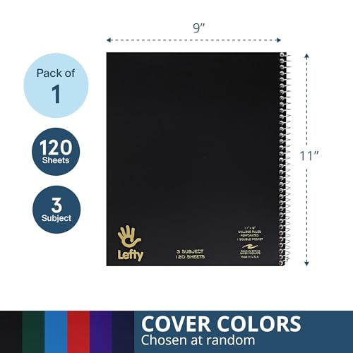 Image of ROARING SPRING Left Handed Spiral Notebook, 3 Subject, 11x9, College Rule