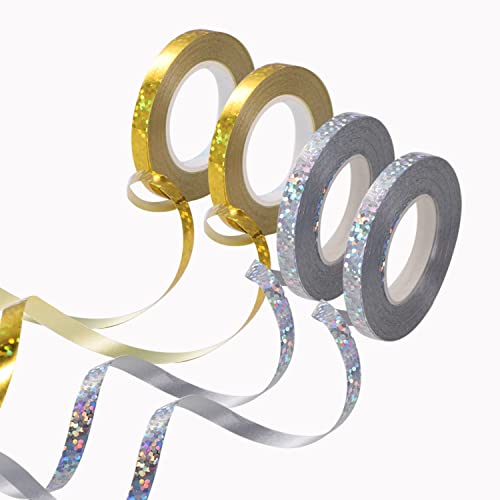 Lot de 4 Ruban Ballon, Rubans Curling Attache Ballon Ruban à Friser Ballon pour Mariage Anniversaire Noël Nouvel An Emballage Cadeau ，0.5 cm x 10 m (Or, Argenté)