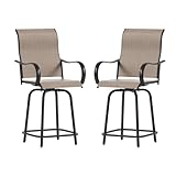 UDPATIO Outdoor Swivel Bar Stools Set of 2,Outdoor High Bistro Stools with Waterproof Textile Fabric,Armrest,Footrest,All Weather Bar Height Patio Chairs for Poolside, Garden, Backyard,Brown