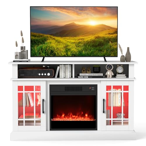 COSTWAY Electric Fireplace Insert TV Stand, Entertainment Center Console Table with Adjustable Flame, Overheat Protection Fire Heater & Remote (White, with RGB LED Lights, 18” Fireplace, for 55” TV)