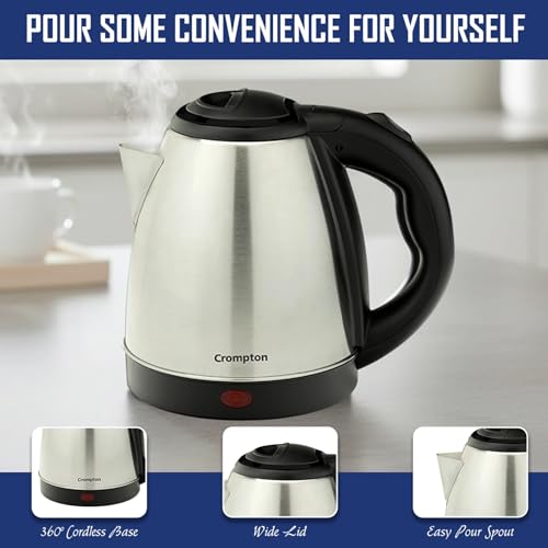 Image of Crompton Nigella 1.5L 1350W Stainless Steel Electric Kettle | Fast Boil | Auto Shut-Off | Dry Boil Protection | Cool Touch Handle | 360 Swivel Base | Black & Silver