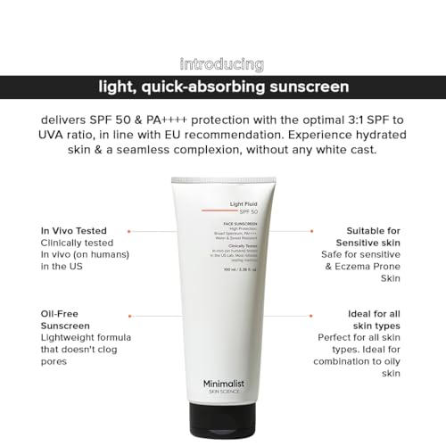 Image of Minimalist Light Fluid Sunscreen SPF 50 for Oily Skin (PA++++) | Clinically Tested in US| No White Cast | Broad Spectrum | Lightweight, Water & Sweat Resistant | For Women & Men | 100ml