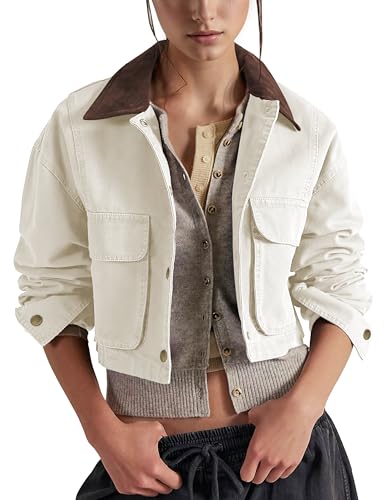 Image of VATEAMI Barn Jackets for Women Contrast Collar Utility Coat Cargo Jacket Cropped Jacket with Pockets Outwear (Apricot-S)