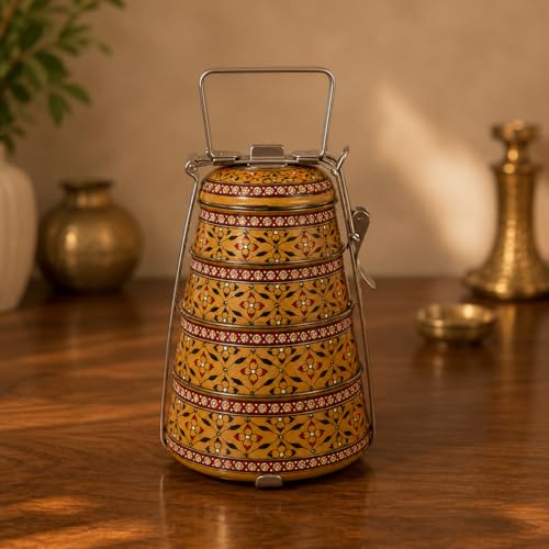 Image of iHandikart Handpainted Decorative Lunch Box Tiffin | Multiple Tier Stainless Steel Food Box | Designer Indian Print Tiffin for School | Diwali Gift, Navratri Gift (Color - Multicolor)