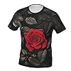 Red Rose and Black Leaves Print Classic Men's T-Shirts,Comfortable Graphic Tees for Men,for Everyday Wear and Gifts #2