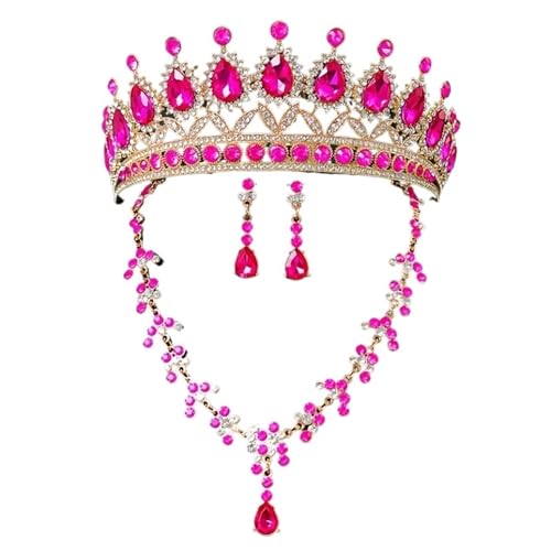 High-End Bridal Three-Piece Set - Necklace, Earrings & Crown For Wedding Season(Rosy)