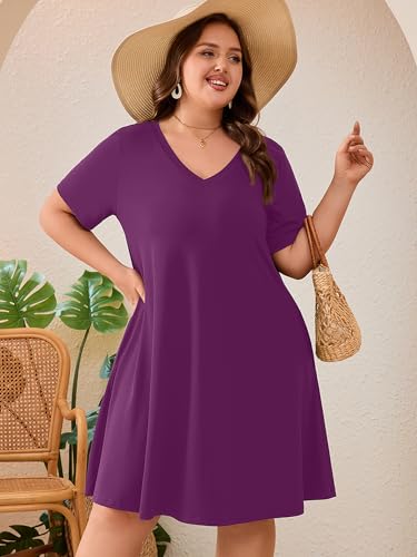 Image of AusLook Plus Size Midi Dress for Women Loose V Neck Short Sleeve Summer Casual A Line T Shirt Sundresses with Pockets 1X-5X