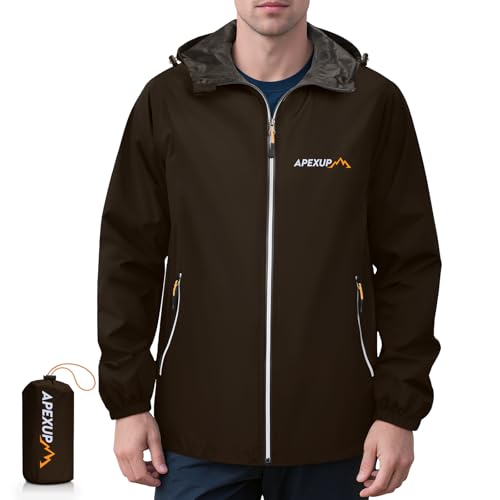 APEXUP Packable Rain Jacket Men with Reflective Zipper, Lightweight Waterproof Raincoat, Mens Rain Jacket for Outdoor Sports Brown Medium
