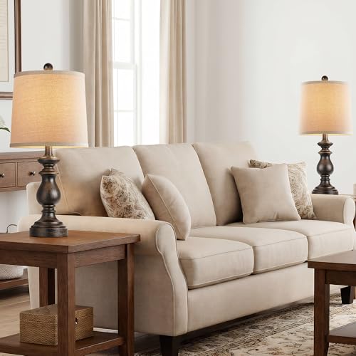 Image of PARTPHONER Traditional Table Lamp Set of 2, Rustic Farmhouse Table Lamps for Living Room Bedroom, 22 inch Bedside Desk Lamps Vintage Nightstand Lamps with Linen Shades, Oil Rubbed Bronze