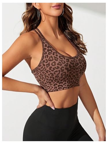 MakeMeChic Women's Sports Bras Leopard Criss Cross Spaghetti Strap Workout Yoga Sport Bra3