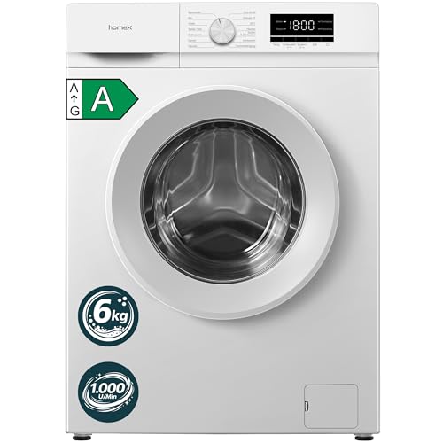 homeX Waschmaschine 6kg, Frontlader - 1.000 U/Min, Energieklasse A, AquaStop, Inverter Motor, 14 Programme, leise 74 dB, schmal 39 cm Tiefe, Temperatur bis zu 90°C, Washing Machine, weiß, WF610K1A-W