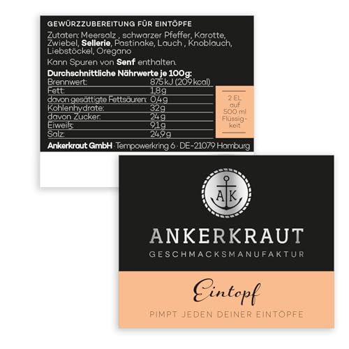 Ankerkraut Eintopf, Linsen, Bohnen und Gemüse, Gewürz-Mischung, Vielfalt für jeden Geschmack, ohne Geschmacksverstärker, lecker schmecker, 90 g im Korkenglas