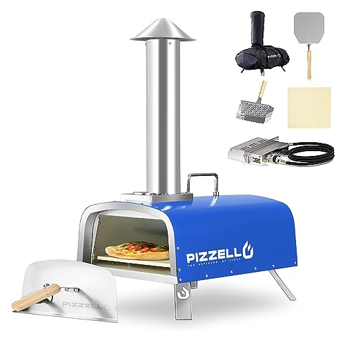 PIZZELLO 12&quot; Outdoor Pizza Oven Propane &amp; Wood Fired Multi-Fuel Pizza Ovens w/Gas Burner, Wood Tray, Pizza Stone, Peel, Cover(Blue)
