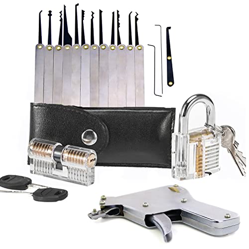 Lot de 2 serrures transparentes avec 15 crochets de crochetage, 1 outil d'ouverture de serrurier, kit d'entraînement pour serrurier débutant (argenté)