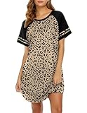 Ekouaer Nightgowns for Women Short Sleeve Sleepshirts Crew Neck Nightshirts Color Block Pajamas Dress Soft Sleepwear Leopard Print X-Large