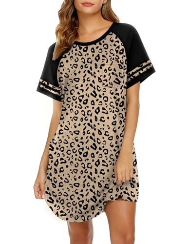 Image of Ekouaer Nightgowns for Women Color Block Sleep Shirt Short Sleeve Sleepwear