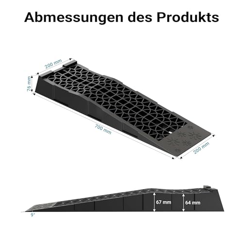 Wiltec Auffahrrampe 2er Set mit 5 t Traglast, robuste Autorampen aus PP, Unterlegkeile 70 x 20 x 7,8 cm, Flache Auffahrkeile für Pkw, Camper, Tiefe Fahrzeuge, ideal für Wartungsarbeiten