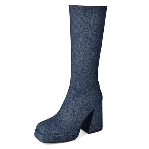 Lizoleor Fashion Square Toe Platform Block Heel Women Denim Boots Side Zipper Wide Fit High Heel Concise Soild Color Darkblue-DL Size 4 UK/37