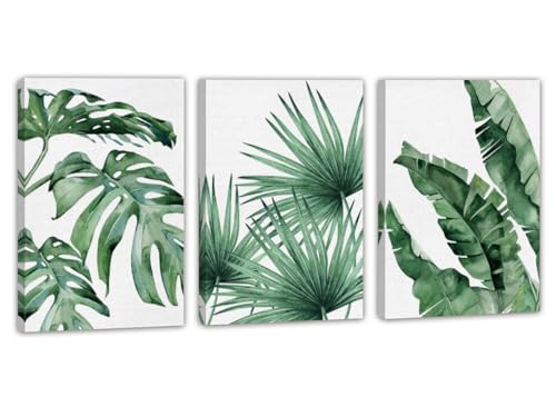 EAHunt Tropical Leaf Canvas Wall Art, Green Palm and Monstera Prints, Modern Botanical Wall Picture Minimalist Art Home Decor for Livingroom Bedroom Office 16"×24"×3-Piece Set
