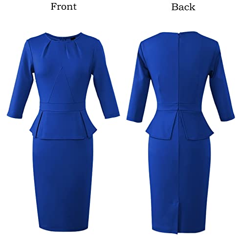 Image of VFSHOW Womens Pleated Crew Neck Peplum Slim Work Business Dress Elegant 3 /4 Sleeves Office Church Bodycon Pencil Sheath Dress