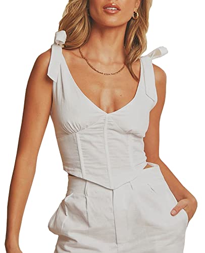 Women Vintage Bustier Corset Top V Neck Sleeveless Backless Tie Shoulder Strap Boned Sexy Crop Tops Y2k Outfits (White, 6-8)
