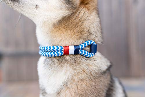 Wau-Effekt Tauhalsband für Hunde - 100% Handarbeit - Halsband - Halsung aus robustem Segeltau mit Biothaneverschluss (M, Blau/Weiß - Blau Weiß Rot)