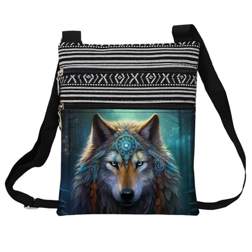 Ethnic Wolf Messenger Bag Small Ethnic Pattern Printed Adjustable Strap Crossbody Zipper Bag Ethnic Wolf Phone Bag Wallet Cute Shoulder Handbag for Women
