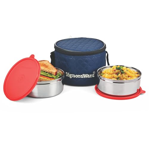 Image of SignoraWare Big Meal Stainless Steel Container Set | Airtight & Leakproof | Durable & Rust-Free | Ideal for Office, School, Home & Outdoor Use (800ml+800ml | Set of 2 | Red)